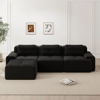 Cloud Modulsofa L-Form, 3-Sitzer, Cord, Ottoman, montagefrei, tiefe Sitzfläche (Black)