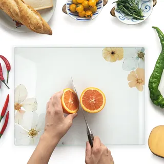 Kitchenville Glasschneidebrett 40×30 cm – Hygienisches Schneidebrett aus gehärtetem Glas – Hitzebeständig, Kratzfest & Rutschfest – Glasplatte für die Küche – Blumenmuster