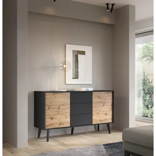 Kommode 154 Cm Mit 3 Schubladen, Modern Schwarz Mit Holz, Mdf Platte - Schwarz