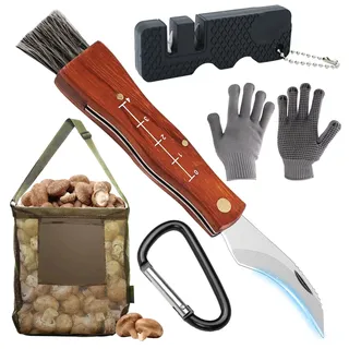 Tulov Pilzmesser mit Bürste,Handschuhe,Pilzsammelbeutel Messerschärfer und Karabiner,Pilzsammler Messer,Pilzsammeltasche,Messerschärfer,Klappmesser,Pilzmesser Set Geschenk für Pilzsammler