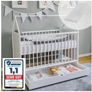 Kids Collective Babybett Beistellbett Kinderbett und Hausbett in einem - 120x60 weiß mit Schublade und Matratze höhenverstellbar und umbaubar | Weiß