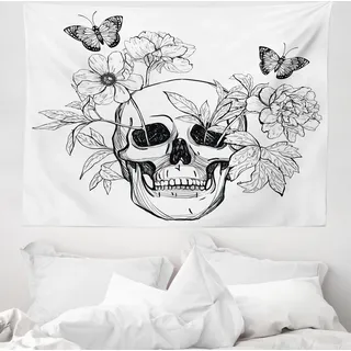 ABAKUHAUS Totenkopf Wandteppich, Schädel Schmetterlinge aus Weiches Mikrofaser Stoff Waschbar ohne Verblassen Digitaldruck, 150 x 110 cm, Schwarz und weiß - Schwarz