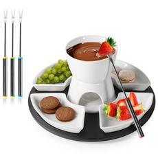com-four® 11-teiliges Fondue-Set - bestehend aus Keramikschüssel, Teelichthalter, Serviertablett, 4 Gabeln, 4 Schälchen - Schmelztopf für Schokolade und Käse - Schmelztiegel (Set mit Tablett)