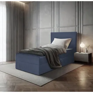 Bett, Boxspringbett, Continentalbett BERG POSO MINI mit Bonell Matratze, Einzelbett mit Container, H3 (100x200 cm, Dunkelblau - Poso 05, Ohne Topper) - Dunkelblau