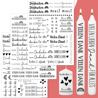 3 Stück DIN A4 Kerzentattoos Danke, Wasserschiebefolie | Kerze Sprüche Dankeschön, Tattoo für Glas Keramik, DIY Geschenkidee Hochzeit Taufe Geburtstag