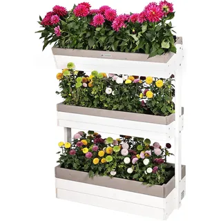 WONDERMAKE® Großes Vertikalbeet mit 3 Etagen Holz Outdoor Balkon Garten Wand stehend, Hochbeet vertikal Kästen Kräuter Erdbeeren, weiß grau anthrazit - Weiß, Grau