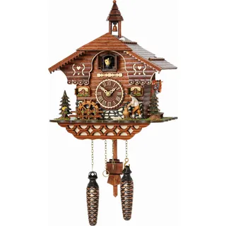 Kuckucksuhr aus dem Schwarzwald Mühlrad Quarz beweglicher Holzhacker Musik mit 12 Melodien - Braun