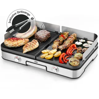 LEBENLANG Elektrogrill Tischgrill elektrisch - Inkl. Grillzange & Spritzschutz I 2400W Für Drinnen & Draußen I Gril Elektro Grill für Balkon Tisch I Elektrischer Plattengrill Indoor Grills Indoorgrill