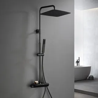 Görbach Regendusche Duschset mit Duscharmatur Komplettset-Edelstahl Duschsystem mit Thermostatarmatur, Überkopfbrause, Handbrause, Duschstange Matt Schwarz (3525MB)
