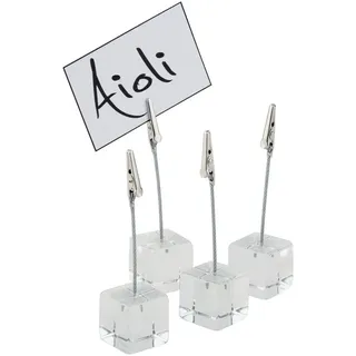 APS Kartenhalter 4er Set, transparente Kartenständer, Fotohalter mit Klemme, Acryl Kartenhalter, inklusive Zwei weißer Beschriftungskarten, Ø 3 cm, 12 cm Höhe