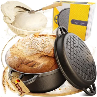 Gusseisen Topf Brotbackform mit Gärkorb & Bäckermesser- 26cm Schmortopf Gusseiserner mit Deckel, Gusseisentopf Brot Backen Brottopf Bräter, Brotbacktopf, Dutch Oven Töpfe Gusseisenpfanne Kochtopf