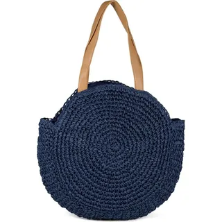 Stylebreaker runde Damen Basttasche mit langen Henkeln | Geflochtene Korbtasche als Strandtasche oder Shopper | Großes Hauptfach mit Reißverschluss, Farbe:Dunkelblau