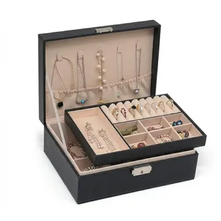Pahajim Schmuckkästchen Damen, 2 Ebenen Schmuckaufbewahrung Abschließbar, PU Leder Schmuckbox Organizer für Ringe, Ohrringe, Halsketten und Armbänder, Elegante Schmuckschatulle Geschenk für Frauen
