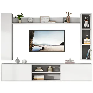 Okwish Tv-Wohnwand-Set 180/35/33,5 cm weiß Spanplatte mit 2 Wandschränken und Wandregal , Weiß , Holzwerkstoff , 180x33.5x35 cm , Wohnzimmer, TV Möbel, Lowboards, Lowboards stehend