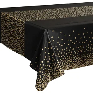 Schwarz und Gold Party Tischdecke Einweg für Rechteck Tisch, Gold Dot Confetti Geburtstag Tischdecke, für Baby Shower, Jungen Geburtstag, Jahrestag, Single Party, Tea Party, Hochzeit 137cm x 274cm
