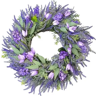 Lavendelkranz Künstlich 66cm für Haustür - Frühlingskranz Türkranz Lila Tulpen & Lavendel - Wandkranz Frühling Sommer Deko für Außen & Innen - Bauernhaus Wanddekoration