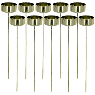 MIJOMA 10 Stück Kerzenhalter-Set, Teelichthalter zum Stecken, Metall, DIY Adventskranz Weihnachtskranz, Länge 20cm, für Kerzen und Teelichter bis 40mm Durchmesser, Perfekte Tischdekoration (Gold)