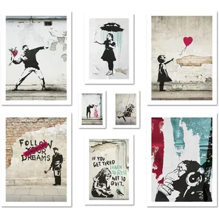 ARTFAVES® Poster Set - BANKSY STREET ART - mehrteilige Wanddeko Wohnzimmer - 8 moderne Wandbilder Collage, Girl Balloon, Flower Thrower, Umbrella - ohne Bilderrahmen