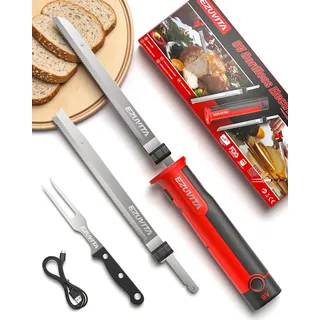 EZUVITA 8V Elektromesser, Kabelloses Küchenmesser mit 2 Edelstahlklingen, Elektrisches Messer mit Gabel, austauschbarer 2000-mAh-Akku, geeignet für Truthahn, Fleisch, Geflügel, Brot, Käse (Rot)