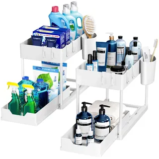 Puricon 2 Set Unter Waschbecken Regal, 2 Etagen Standregal Küche Arbeitsplatte Regal Organizer, Mehrfunktional Küchenregal Gewürzregal Unterschrankregal Spülschrankregal -Weiß