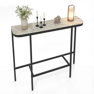 FANTASK Schmaler Konsolentisch Marmor Optik, Moderner Flurtisch mit Metallrahmen, Sofatisch für Flur, Büro, Eingang & Wohnzimmer, 110 x 30 x 91 cm (Grau)