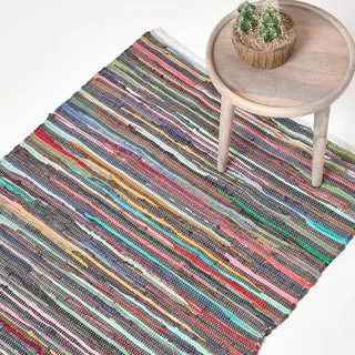 Homescapes Chindi-Teppich, handgewebt aus 100% recycelter Baumwolle, 70 x 120 cm, Flickenteppich mit bunten Streifen