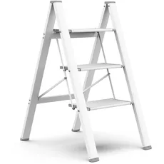 HBTower 3-Stufen-Leiter, Aluminium Trittleiter mit Breitem Anti-Rutsch-Pedal, 150kg Kapazität Leiter, Tragbarer Klapptrittleiter für Haushaltsbüro, Weiß