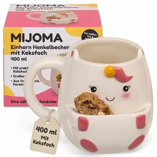 MIJOMA Henkelbecher mit Keksfach – Lustige Tasse aus Dolomit, 400 ml, origineller Kaffeebecher mit Snackfach, witziges Mitbringsel für Keks- & Teeliebhaber (Einhorn)