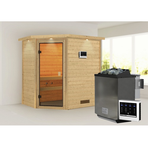 Bild von Karibu Sauna Svea Eckeinstieg, 9 kW Bio-Kombiofen inkl. Steuergerät inkl. gratis Zubehörpaket