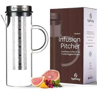 Cold Brew Kaffee Kalt Zubereiter - Große Glas Karaffe 1,5L für Eiskaffee und Eistee mit Deckel aus Edelstahl und engmaschigem Filter - BONUS Obstaufguss-Schlauch für Aroma Wasser mit Früchten