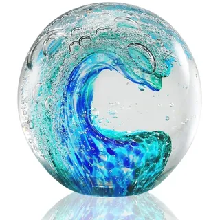 Eachave Briefbeschwerer Glaskugel, Handgefertigte Glasfiguren Kugel Ozeanwellen, Wohnkultur Sammelobjekt, Aquarium Dekor, Büro Dekor für Ozeanliebhaber(Blau+Grün)