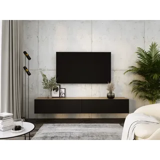 Hängendes TV-Schrank - Modernes Design mit Push-to-Open-Funktion. A: B: 2 x 100 cm, H: 34 cm, T: 32 cm. TV Lowboard, TV Board, TV Sideboard Hängend, WOTAN EICHE/SCHWARZ MATT - Braun, Schwarz