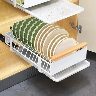 Unyqoos® Ausziehbarer Schubladen-Organizer für Küchenschrank – 24×38×9 cm, Kohlenstoffstahl, leiser Lauf, Montage ohne Bohren, auch als Abtropfgestell - Weiß