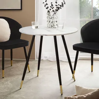 FineBuy Esszimmertisch 75x75x76 cm Weiß Marmor-Optik Esstisch Modern Küchentisch mit Metallbeinen Kleiner Speisetisch Esszimmer Rund - Weiß