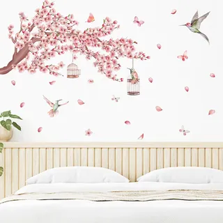 Wandtattoo Kirschblüte Rosa Baum Ast Wandaufkleber Blüten Vögel Hängende Blumen Vögel auf Ast Groß Wanddeko für Hintergrund Wohnzimmer Schlafzimmer Sofa