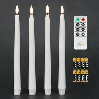 Fanna 4 flammenlose LED Stabkerzen Tafelkerzen Weiß glatte Wachsoberfläche, Leuchterkerzen mit Timer Funktion, Fernbedienung und Batterien enthalten, H. 28 cm