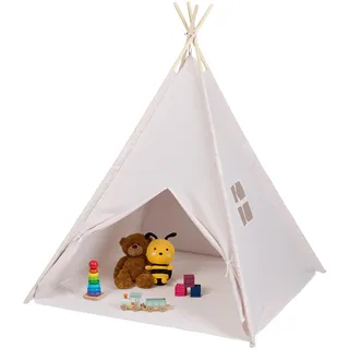 Relaxdays Spielzelt, Tipi Zelt für Kinder, mit Boden, Kinderzimmerzelt, HxBxT: 158 x 125 x 125 cm, Kinderzelt, beige