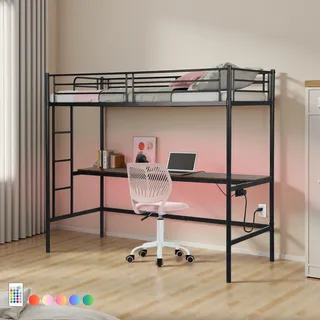 FurnitureR LED Hochbett 90x200 cm für Teenager mit 16 Farben & 4 Modi, Schreibtisch, Steckdose & USB – Metallbett Schwarz mit Treppe & Absturzsicherung – Ohne Matratze