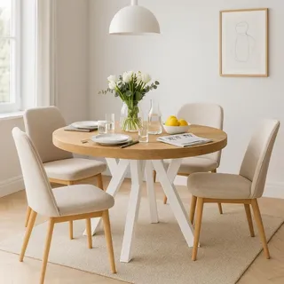 Runder Ausziehbarer Tisch für Esszimmer, PERO, Loft-Stil, Skandinavische, Durchmesser: 100 / 150 cm, Farbe: Eiche Lancelot / Weiß - Braun