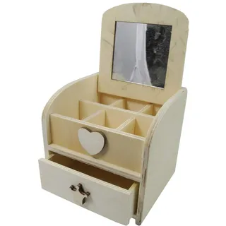 Pracht Creatives Hobby 7682-12541 Schmuckkästchen aus Holz, ca. 12 x 12 x 11,5 cm groß, mit Spiegel im Deckel zum Aufklappen, einer Schublade und 6 Fächern, Griffe variieren