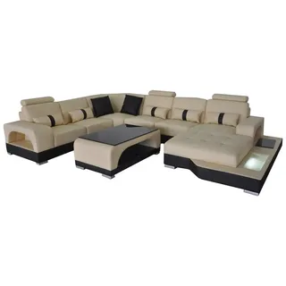JV moebel Leder Sofa Moderne Couch Design Wohnlandschaft + Tisch Eck Couchen Sitz mit USB beige