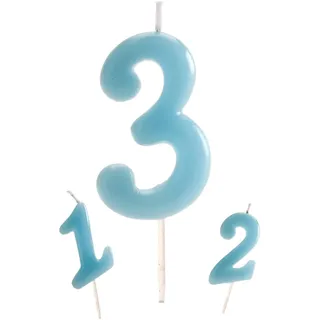 dekora - Geburtstagskerze Zahl 3 Hellblau 5,5 cm für Kuchen, Blau