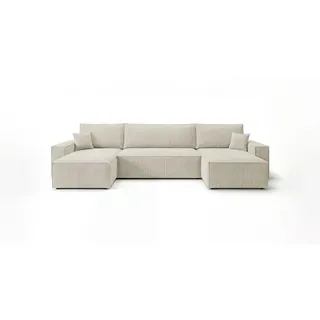 Cornero Wohnlandschaft California Mini U-Form weiß Cord Poso 100 - Schlaffunktion, Bettkasten , Weiß , Textil , Echtholz,Buche , 312x85x142 cm , Wohnzimmer, Sofas & Couches, Wohnlandschaften, Wohnlandschaften in U-Form