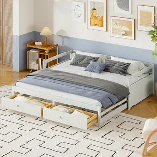 Schlafsofa, 90x200 cm/180x200 cm, Ausziehbett mit Bettfunktion, inkl. Lattenrost und Schubladen, Holzbett aus Holz - Weiß