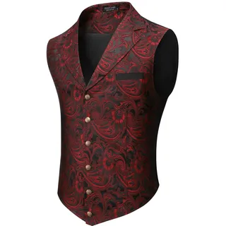 COOFANDY Herren-Anzugweste, Paisleymuster, viktorianische Weste, Gothic, Steampunk, formelle Smoking-Weste mit gekerbtem Revers, Weinrot, XX-Large