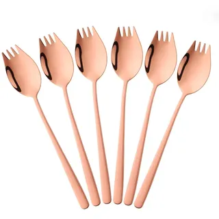 BISDARUN Spork Göffel Titan 18/10 Edelstahl Sporks Lang 21,3 CM(8,4 Inch) 6 Stück Metall Gabel Löffel Campingbesteck für Obstsalat Nudelsuppe Roségold