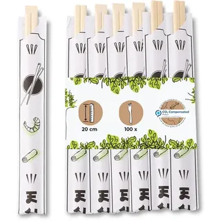 Greenbox Bambus Essstäbchen 20 cm einzeln verpackt Naturprodukt biologisch abbaubar hygienisch verpackt in Papierhülle I Holzstäbchen Asia I Sushistäbchen Set Chopsticks Wood 100 Stück