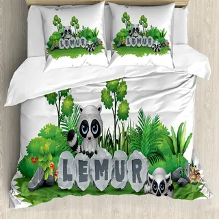 ABAKUHAUS Lemur Bettbezug Set für Einzelbetten, Madagaskar Waldtiere, Milbensicher Allergiker geeignet mit Kissenbezug, 155 cm x 220 cm - 80 x 80 cm, Grau Lime Green - Grau