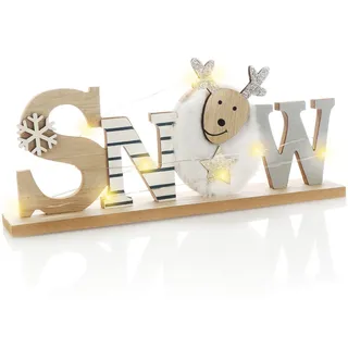 COM-FOUR com-four® LED Deko Aufsteller aus Holz - beleuchteter Schriftzug auf Holzsockel - Deko-Schriftzug zum Hinstellen für Weihnachten - Stimmungslicht mit Timer (weiß - Schaf)