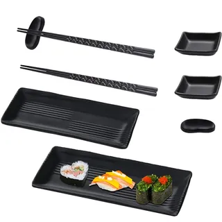 Sushi Platte mit Dipschalen, Sushi Geschirr mit Stäbchen, Japanese Sushi Teller, Asiatisches Geschirr Set, mit 2 Paar Essstäbchen, 2 Essstäbchenablagen, 2 Teller, 2 Dipteller, Schwarz